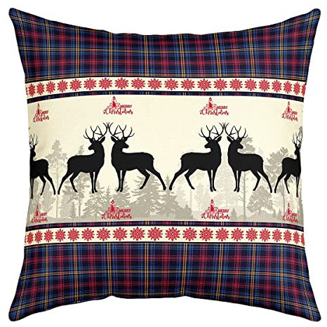 Weihnachten Hirsch Kissenbezug 55x55cm Elchgeweih Wurfkissenbezug für Kinder Jungen Mädchen, Weihnachten Kissenbezug Teenager Erwachsene Geometrische Gitter Plaid Kissenbezug für Auto Stuhl im Freien