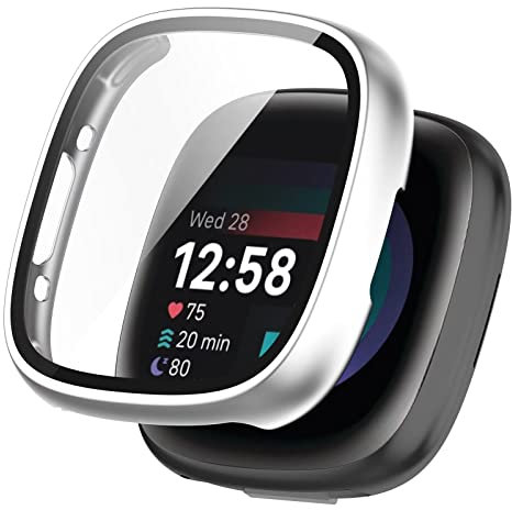 FTRONGRT Case for Fitbit Sense 2, PC + Screen Tempered Film Combination, All-Inclusive Watch Case, Shock Resistant, Case Cover for Fitbit Sense 2 Smartwatch. Silver