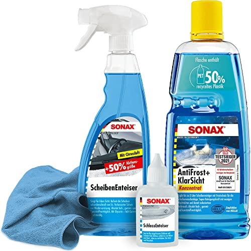 detailzone Auto Winterset 4-teilig SONAX Scheibenenteiser, Schlossenteiser, Antifrost Konzentrat Citrus, Mikrofasertuch - hochwertige Autopflege für die kalte Jahreszeit