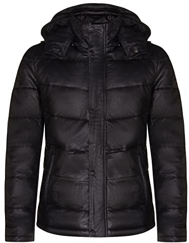 Men's Puffer Black Leather Quilted Warm Bomber Hooded Jacket