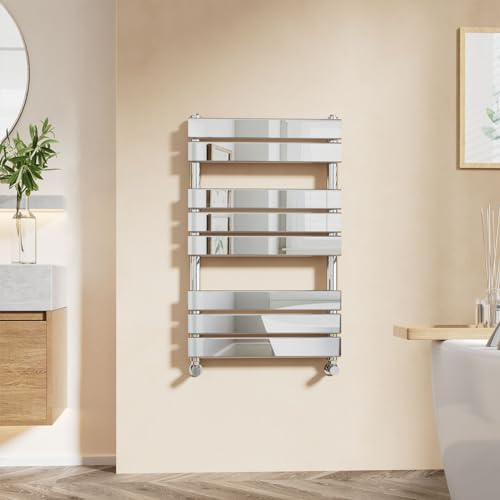 EMKE Chrome Towel Radiator Bathroom Heated Towel Rail, Flat Panel Towel Rail Radiator Versatile Wall/Floor Mounted Bathroom Radiators 800 x 500 mm