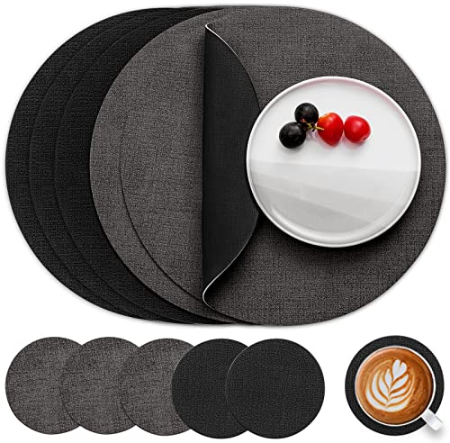 Myir JUN Tischsets Abwaschbar Leder und Untersetzer, Doppelseitigen Platzset Rund Ø 36cm 6er Set rutschfest Glasuntersetzer Platzdeckchen Leder Kunstleder Tischset (Grau Schwarz, 6er Set)