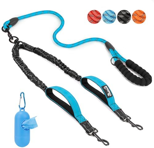 Eyein Double Dog Lead No Tangle - 360° Swivel Heavy Duty Reflective Leash with Two Padded Handles Dual Dog Splitter, Comfortable Shock Absorbing Walking Training for 2 Small Medium Dogs (3-16kg)