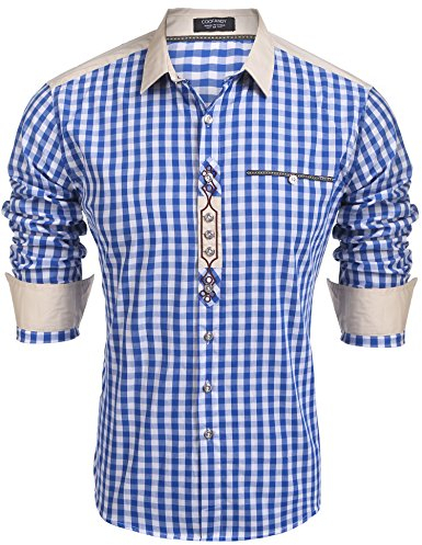 COOFANDY Trachtenhemden Herren Langarm Oktoberfest Hemd Kariertes Tracht Hemden Karohemden Freizeithemd Baumwolle Regular fit Oktoberfest Herren Outfit 45-blau S