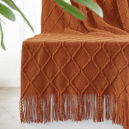 inhand Knitted Throw Blankets for Couch and Bed, Soft Cozy Knit Blanket with Tassel, Orange Rust Lightweight Decorative Blankets and Throws, Farmhouse Warm Woven Blanket for Men and Women, 60x80