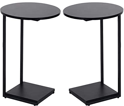 HDANI C-förmiger Beistelltisch 2er Set, Runder Couchtisch Sofatisch Nachttisch Nachttisch Laptoptisch, Metallgestell,Holzplatte,Sofatisch für Wohnzimmer Schlafzimmer Balkon Terrasse,40x40x60cm,Schwarz