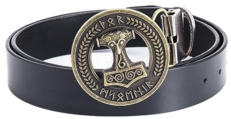 JIARY Herren Gürtel Thor-Hammer-Schnalle, Western Cowboy, Ledergürtel mit Wikinger-Thorshammer-Muster, Runder Legierungsschnalle, Vintage-Gürtel, Black, 100CM/39.4''