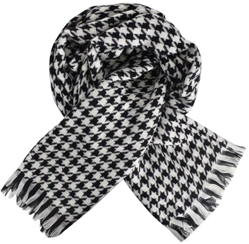 Warme Hahnentritt-Schal, Langer Hahnentritt Muster Schal, Super Weicher Cashmink-Schal mit Hahnentritt, Damen Schal Hahnentrittmuster mit Quastens, Cashmere Halstuch, 185*45cm (Schwarz und Weiß)