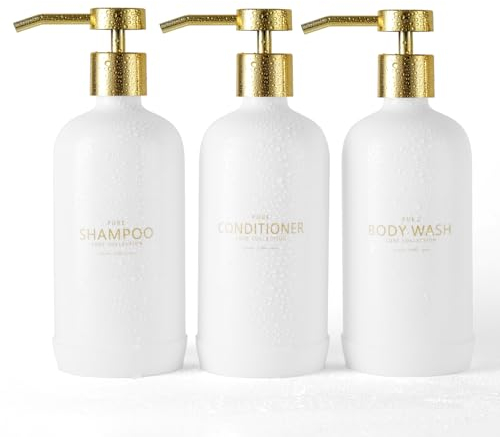 Janxin Shampoo and Conditioner Dispenser Set of 3,Refillable 21oz Shampoo Bottles with Non-Slip Protective Silicone Pad,Shower Soap Dispenser with Waterproof Labels for Bathroom (White)