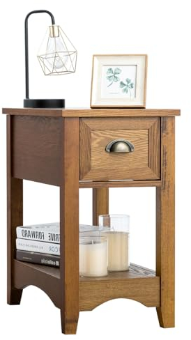 LIFEZEAL Nachttisch Holz, Wohnzimmertisch mit Schublade, Nachtkommode mit Beinen aus Gummibaumholz, Beistelltisch schmal für Wohnzimmer, Schlafzimmer, Vintage-Design, 33 x 56 x 58,5 cm (Natur)