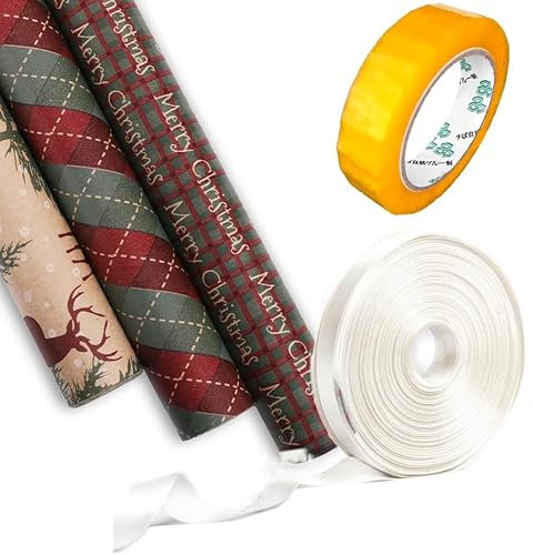 KC SHOP GERMANY, GESCHENKPAPIER 3x ROLLE KRAFTPAPIER rot grün beige 70x305cm, 80g/qm, Weihnachten, Heiligabend, xmas, christmas, modern, schick, hübsch, hochwertig (Mix + Schleife + 1x Kleberolle)