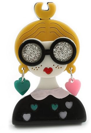 Stylish Girl in The Glasses Acrylic Brooch in Yellow/Black/White - 60mm Tall