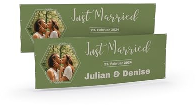 Banner zum Valentinstag mit Bild und Text personalisieren I Heiratsantrag Deko rosa (50cm x 150cm) I You & Me Fahne selbst gestalten (Just Married Grün, 50cm x 150cm)