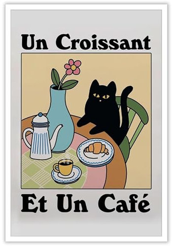 DVBOCS Lustige schwarze Katze, Leinwand-Kunst, französisches Café, Croissant, Katze, Poster, Bistro, Kaffee, Getränke, Gemälde, Vintage-Kätzchen, Wanddekoration für Wohnzimmer, Schlafzimmer, Küche,
