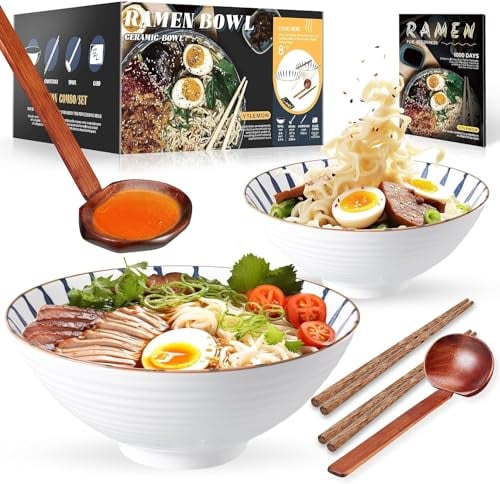 YTLEMON Ensemble De Bols Ramen En Céramique 2×1000ml 34oz, Vaisselle Japonaise Avec Fourchette Baguettes Et Cuillère Bol à Soupe Pour Le Camping Pâtes Salade Cadeaux Pour Hommes Et Femmes (Blanc)