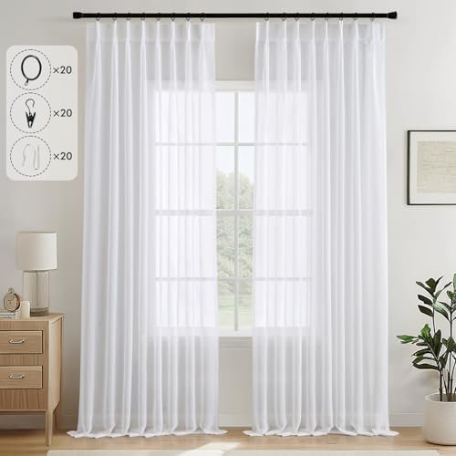MIULEE Tende Plissettate Traslucido con Ganci per Sistema a Binari,Tenda con Linguetta Posteriore,Voile Trasparente per Camera da Letto Soggiorno,132X260 CM,2 pezzi,Bianco