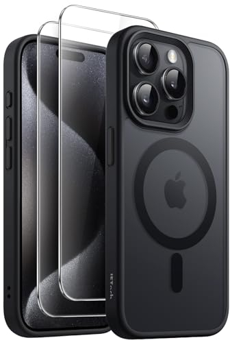 JETech 3 in 1 Magnetic Case for iPhone 15 Pro 6.1-Inch with 2 Pack Tempered Glass Screen Protectors, Compatible with MagSafe, Translucent Matte Back Shockproof Phone Cover (Black)