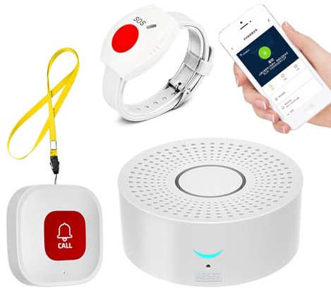 Notrufknopf für Senioren Notruf Kabellos Notfallknopf,Hausnotruf intern,Kompatibel mit Tuya Smart/Smart Life,(Unterstützt Wi-Fi 2.4GHz) WiFi Smart SOS Funkalarm Set (1Sender+1 SOS Armband+1Empänger A)