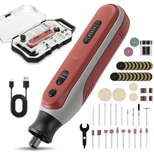 RUN HELIX Rotary Tools 82 Accessories, 5-Speed Engraving Pen with Type-C Recharge, 4.2V Power Hand Drill Grinder Tool Kit, Mini Sander for Sanding, Polishing, Drilling, Etching (Red)
