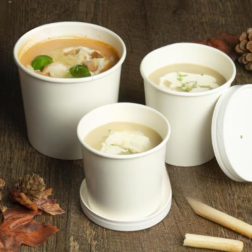 HOT BARGAINS Kraft Paper Soup Containers with Lids, Round 26oz/750ml Food Storage Bowls for Hot and Cold Foods, Temperature Range -20° to 120°, White, Pack of 50