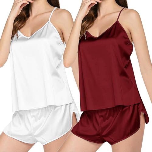 FNKDOR Ensemble Pyjama Femme Col en V Profond Pyjama Femmes 2 Pièces Vêtements de Maison Lingerie Satin de Soie Short et Caraco Costume Nuisette Cami Shorts Set Vêtement(A2 Kaki,M)