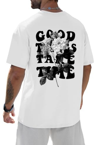 Yuson Girl Tee Shirt Homme T-Shirts à Manches Courtes Col Rond en Coton Oversized Tshirt d'été avec Impression Vintage Décontractée Top Coupe Large T Shirt Basique Shirt(Blanc, M)