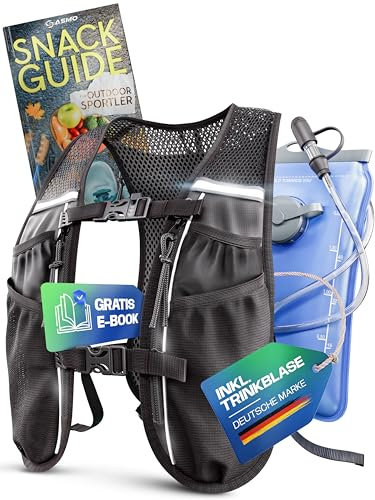 SASMO® Laufweste Damen & Herren 5L + Trinkblase 2L | Running Vest - Ultraleicht 270g & atmungsaktiv | Laufrucksack Damen & Herren - 8 Taschen | Laufweste Herren | Trinkweste Laufen | Trinkrucksack