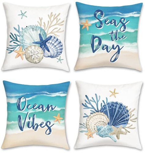 Bonhause 4er Set Kissenbezüge Sommer Küsten 45 x 45 cm Muschelschale Koralle Strand Samt Soft Dekorative Kissenhülle Zierkissenbezüge für Sofa Wohnzimmer Zuhause Dekoration