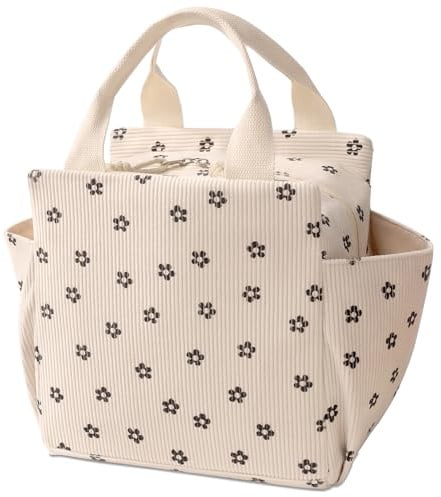 Veki Insulated Lunch Bag for Women Girls, Reusable Thermal Cooler Bags, Large Corduroy Tote Bags, 12L Cool Lunch Organizer, Leakproof Lunchbox for Work, Picnics, Travel (Beige Plum Blossom)