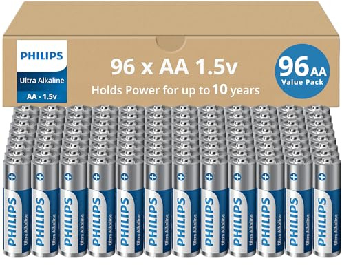 PHILIPS AA Batteries 96 Pack 1.5v Ultra Alkaline Double A Batteries, 10-Year Shelf Life, Ideal for Blink Outdoor Camera Battery, Alarm System, Doorbell, Smoke Detector Batteries. [Non-Rechargeable]