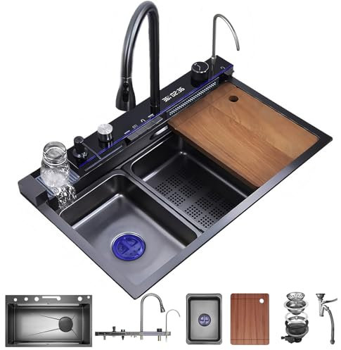 KOOGIMDDR 75 x 46 cm Fregadero de cocina de acero inoxidable multifunción – Cascada fregadero agua, grifo extraíble, tabla de cortar integrada, dispensador de jabón, sistema de drenaje con accesorios