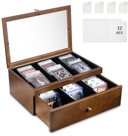 Emfogoo Trading Card Storage Box, 70+ Graded Card Storage Box with Custom Drawer, Wood Card Storage Display Case with Large Clear Window, Sports Trading Card Box with Dividers for TCG/Mtg Collection