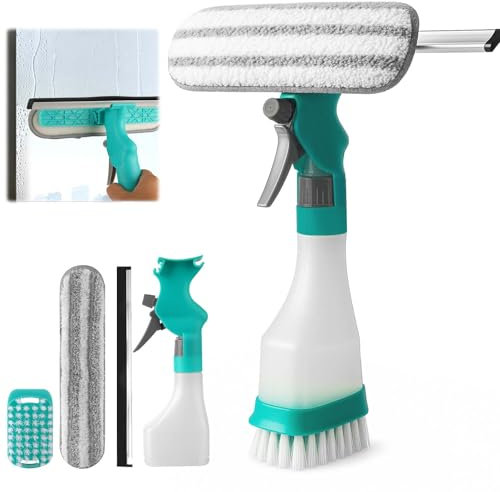 Fensterputzer Set, 4-in-1 Fensterabzieher mit 250ml Sprühflasche, Gummi-Abzieher, Baumwolltuch und Schrubber, Multifunktionaler Fensterwischer für Fenster, Spiegel, Glas, Badezimmer, Autowäsche
