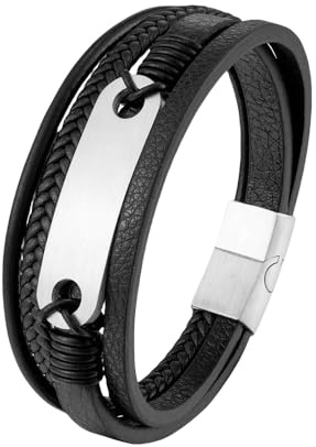 HUIANGLIYG Lederarmband Herren,Mehrschichtiges Echtlederarmband Zum Gravieren für Herren, Klassisch, Handgefertigt, Gedreht, Geflochten, Luxuriöser Business Armreif, Schwarz, Geschenk für Jungen,