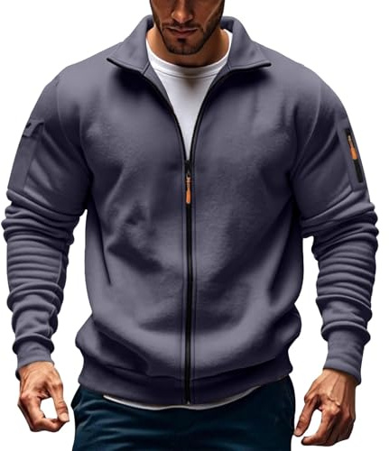 ofeirhz Sweat à capuche pour homme - Sans capuche - Fermeture éclair - Col montant - Léger - Manches longues - Veste active extensible - Plusieurs poches - Cardigan de survêtement - Grande taille S à