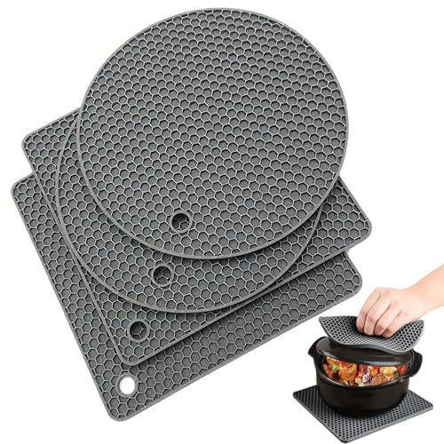 4 Pack Silicone Trivet Mats, Extra Thick Heat Resistant Multi-purpose None slip Silicone Trivet Mat, 18 cm Hot Pot Pads Oven Mitt for Kitchen Cooking Dining Microwave, Square and Round(4 Dark Gray)