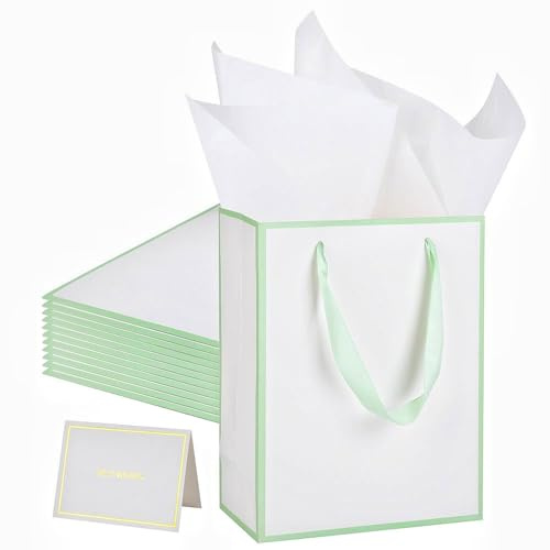 UoeRing 12 Pack Thank You Gift Bags with Handles 9.5x7.5x3.75 inch Gift Bags Medium Size Gift Bag with Tissue Paper and Card for Wedding Birthday Bridesmaid Holidays Mother's Day (White Green)