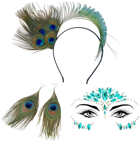 Yuwnd 3 Stück Pfau Kostüm Damen Set, Pfau Kopfschmuck, Pfauenfedern Haarschmuck Glitzersteine Gesicht und Ohrringe, Accessoires zum Halloween Karneval Cosplay Mottoparty (Grün)
