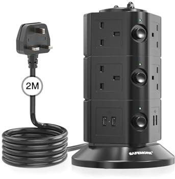 SAFEMORE Tower Extension Lead with USB Slots, 10 Way Multi Plug Extension Tower with 2 USB C & 2 USB A (4.8A), Surge Protected Power Strip with Switches, 2M Extension Cable for Home Office