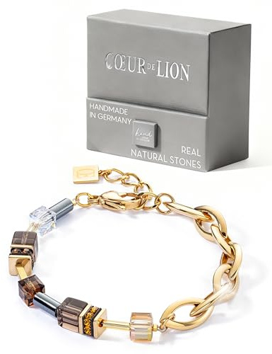 COEUR DE LION GeoCUBE Chunky Chain Bracelet Gold-Brown I Smoky Quartz & European Crystals I Gold-Toned Stainless Steel I 7.1 + 1.2 Inch Extension I Designer Case Included