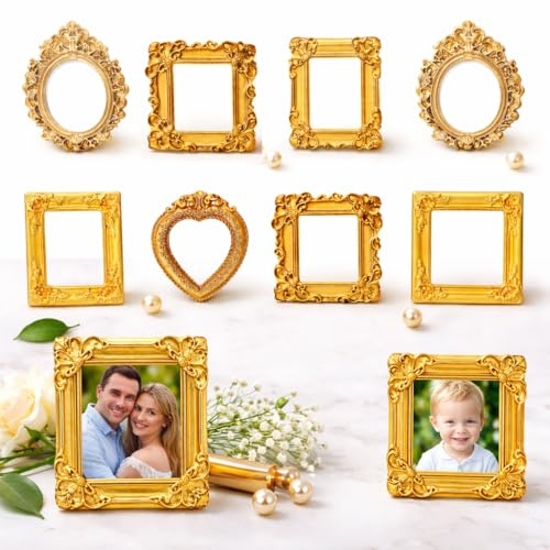 KIJUK 10er-Set Mini Bilderrahmen im Barockstil, Gold, Kunstharz, für 1,6–2,2 Zoll Fotos, Kleine Miniatur-Rahmen zum Basteln, Dekorieren und Präsentieren von Mini-Fotos