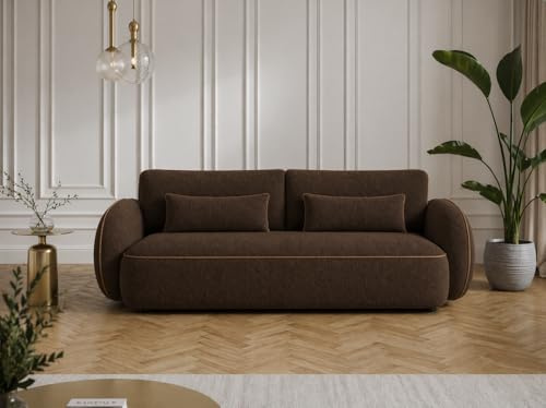 ORIA mit Schlaffunktion – Melange Braun | Modernes Sofa aus trendigem Bouclé-Stoff mit dekorativer Keder, Liegefläche: 204 × 144 cm