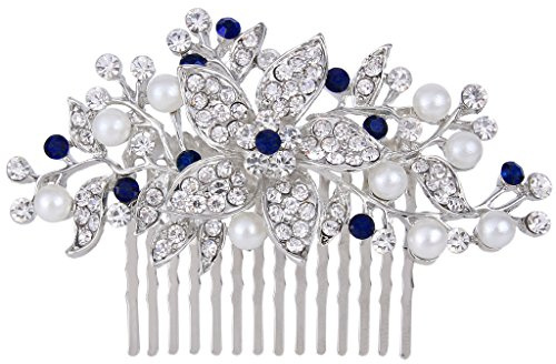 EVER FAITH® herrlich österreichische Kristalle elegant Blume Haarkamm blau Silber-Ton N00419-2