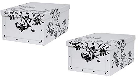 Kreher® 2 Stück Aufbewahrungsbox mit Deckel, Deko Papp-Karton, Stapelbox, 45 Liter mit Griffen, 51 x 37 x 24 cm (Barock Blume Weiß)