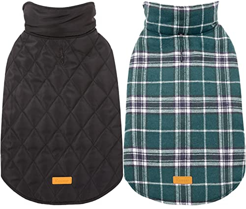 Kuoser Warm Reversible Dog Jacket Waterproof Winter Coat British Style Plaid Pet Clothes Cold Weather Coats Cozy Snow Vest for Small Medium Large Dogs Green XS