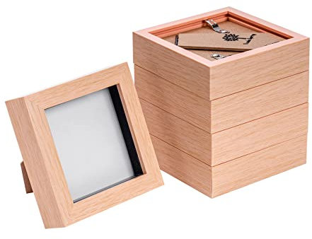 Nicola Spring 3D Shadow Box Photo Frames - 4 x 4 (10 x 10cm) - Pack of 5 - Light Wood 3D Photo Frame Picture Frame Box Small Square Display Case for Crafts, Keepsakes, Wedding, Graduation