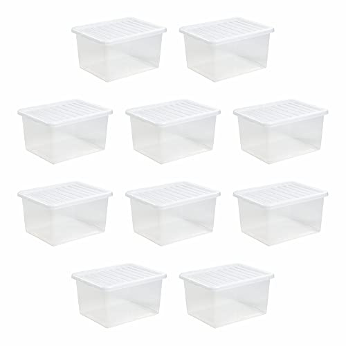 (Set of 10) 35L Litre Crystal Clear Transparent Plastic Large Storage Boxes With Lids Storage Containers Multipurpose Stackable Boxes For Living Room Toys Garage Office Home & Kitchen