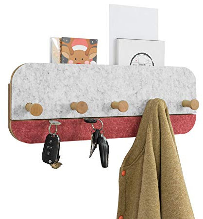 SoBuy FHK16-R Design Wandgarderobe Kleiderhaken Wandregal Flurgarderobe mit 5 Haken Badregal Handtuchhalter Schlüsselbrett aus Bambus und Filz Rot BHT ca.: 55x19x3cm