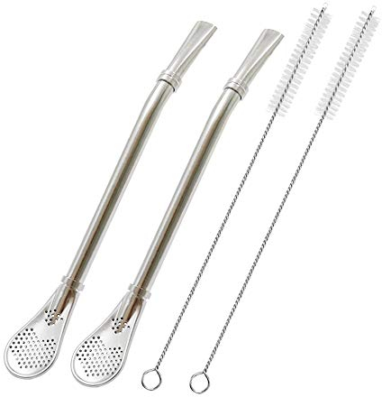 Pajitas de acero inoxidable con cuchara de filtro, paquete de 2 pajitas de té, mate Bombilla, barra agitadora de café para té helado, cóctel, con 2 cepillos de limpieza (plata)