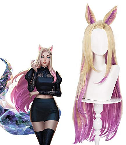 Kda Baddest Ahri Cosplay Perücken Spiel Lol Cosplay Blonde Mixed Pink Perücken Mit Ohren Hitzebeständiges Kunsthaar Baddest Ahri
